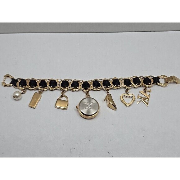 Anne Klein Charm Bracelet Watch Gold Tone Black Chain Purse Charms New Battery - Picture 8 of 9